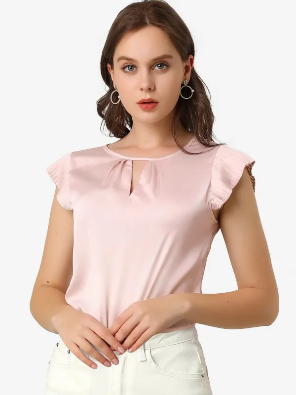 Satin Work Office Top Cut Out Keyhole Back Pleated Cap Sleeve Blouse sold by Allegra K