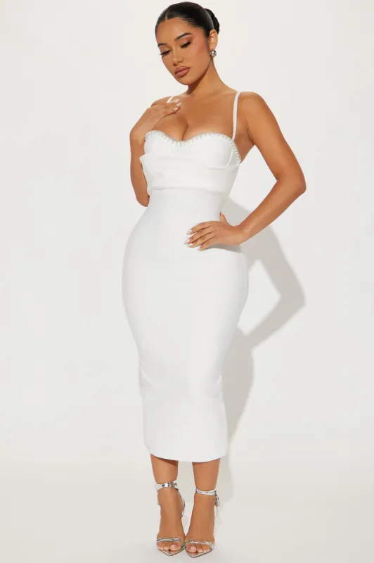 パーティードレス White Beaded Strapless Midi Dress Vacay In The Maldives Strapless Bubble Midi Dress White