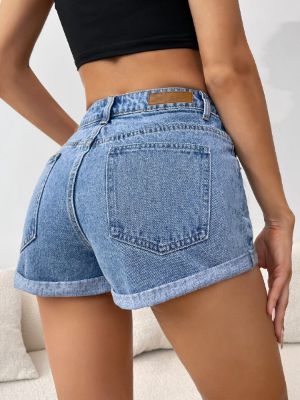 shein sxy letter patched roll up hem denim shorts sold by SHEIN