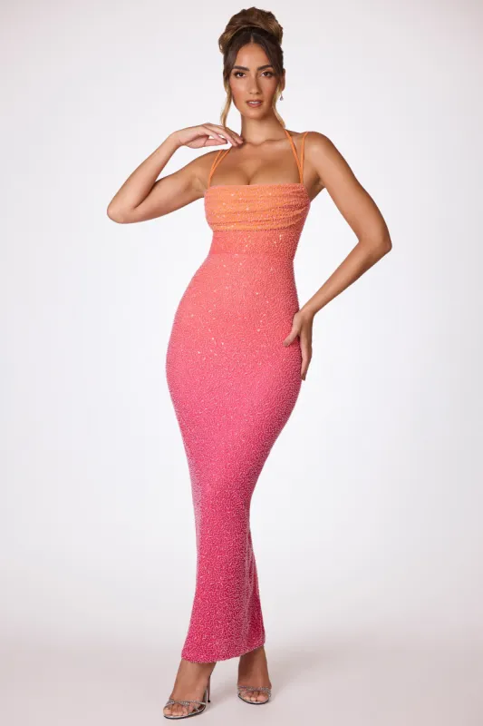 Embellished Maxi Dress in Red and Orange Ombré sold by Oh Polly