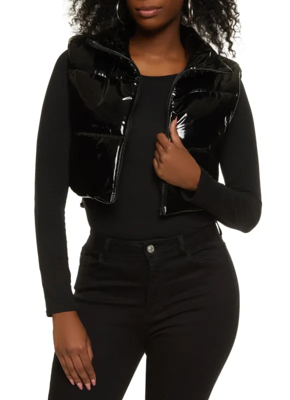 Faux Patent Leather Cropped Puffer Vest sold by Rainbow