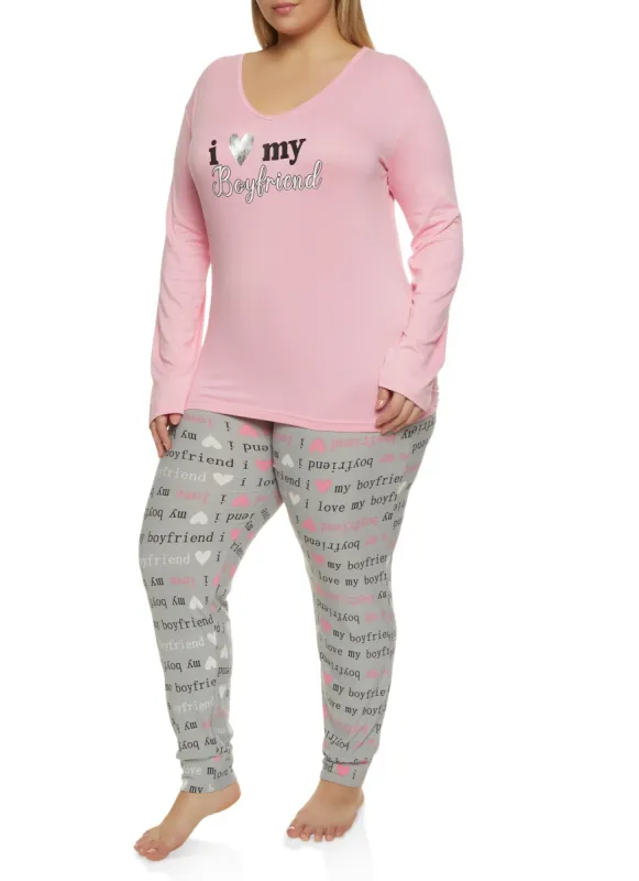 Plus Size I Love My Boyfriend Pajama Long Sleeve Top and Pants sold by Rainbow