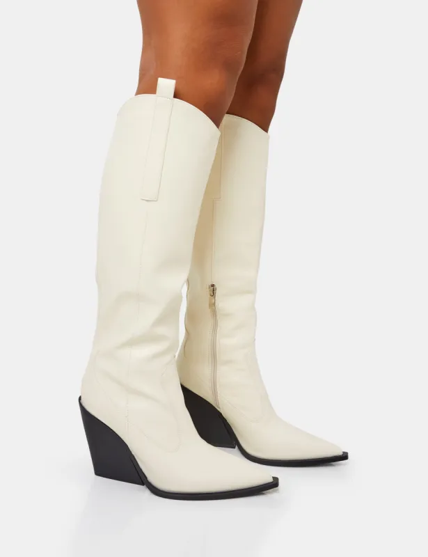Nevada Ecru Western Cowboy Pointed Toe Block Heel Knee High Boots sold by Public Desire