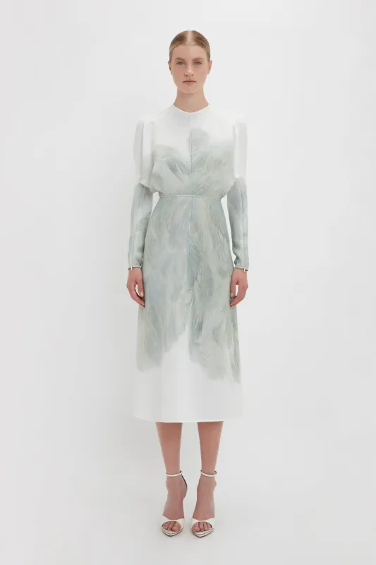 Dolman Midi Dress In White Digital Feather Print sold by Victoria Beckham