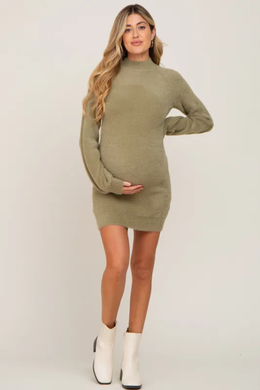 Olive Fuzzy Knit Puff Sleeve Maternity Sweater Dress sold by Pinkblush