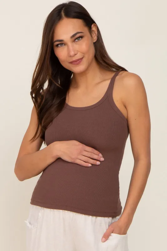 Brown Ribbed Maternity Tank Top sold by Pinkblush