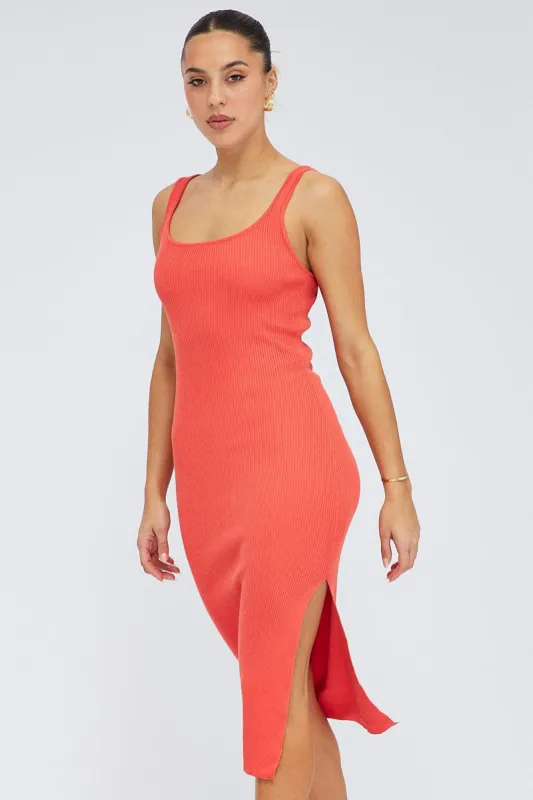 Orange Midi Dress Bodycon Round Neck Ribbed Knit sold by Ally Fashion