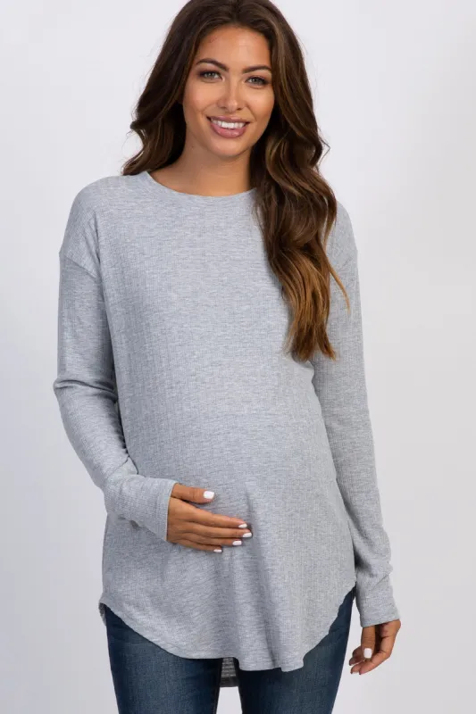 Heather Grey Long Sleeve Ribbed Maternity Top sold by Pinkblush