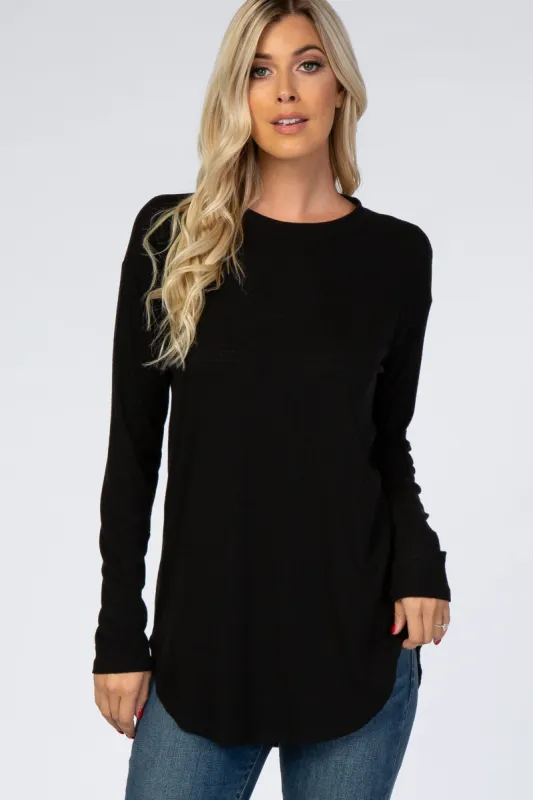 Black Long Sleeve Round Hem Textured Top sold by Pinkblush