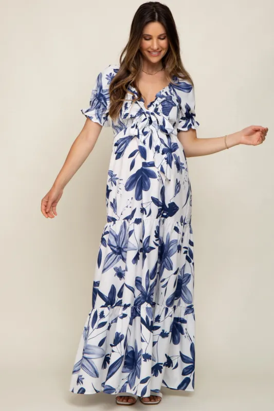 Ivory Floral Smocked Front Tie Short Puff Sleeve Maternity Maxi Dress sold by Pinkblush