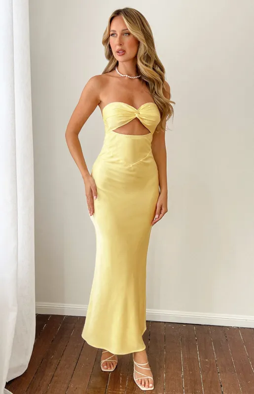 Kenna Yellow Satin Strapless Maxi Dress sold by Beginning Boutique