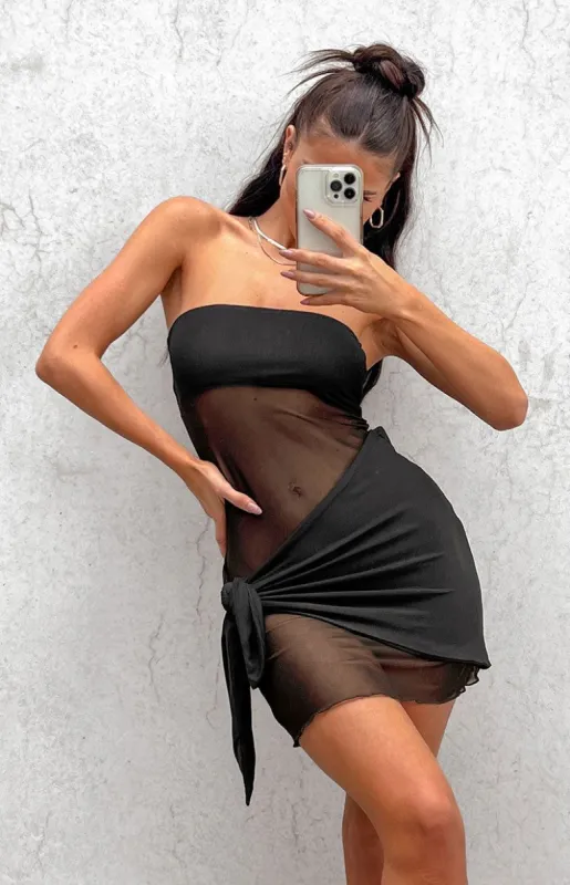 Out Loud Black Mesh Strapless Mini Dress sold by Beginning Boutique