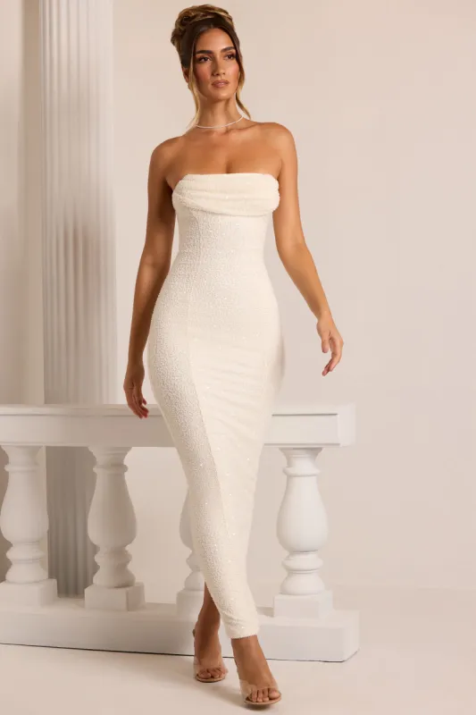 Embellished Bandeau Cowl Neck Maxi Dress in White sold by Oh Polly