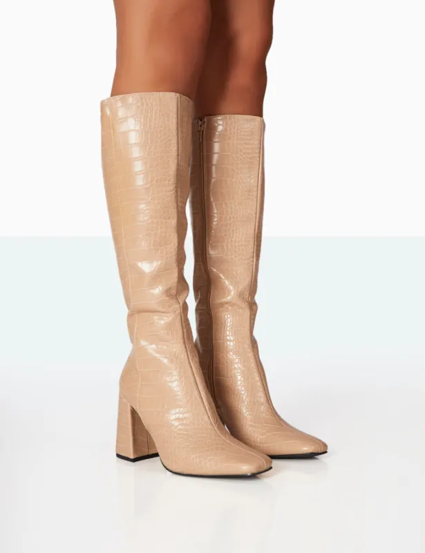 Apology Nude Patent Croc Knee High Block Heel Boots sold by Public Desire