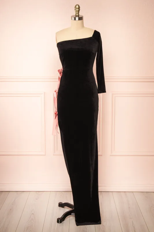 Maelise | Black Velvet Maxi Dress w/ One Sleeve sold by Boutique 1861