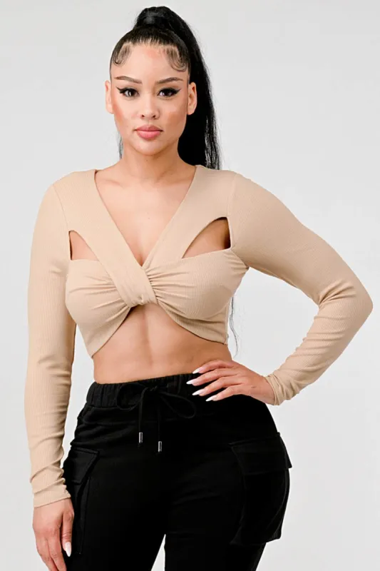 SEXY RIB KNIT TWISTED CUTOUTS BOLERO LONG SLV TOP sold by privy