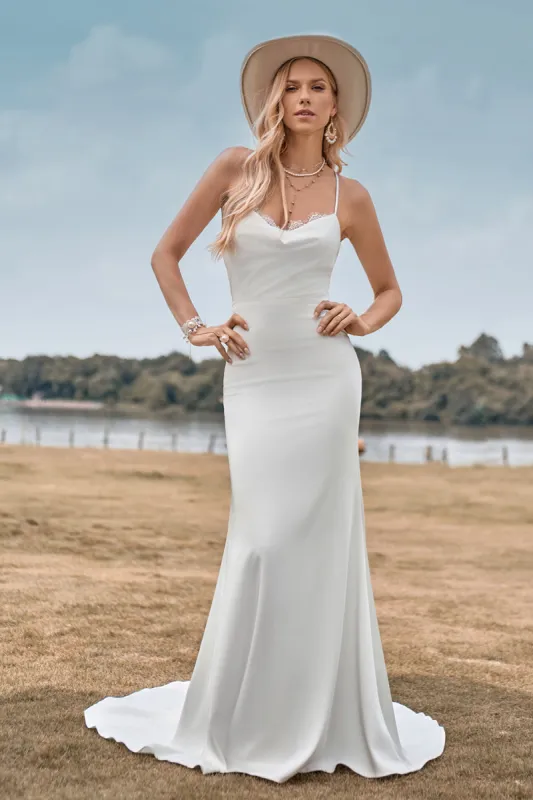 Simple Spaghetti Straps White Bridal Dress with Criss Cross Back sold by Zapaka
