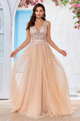 Gorgeous A Line V-Neck Champagne Tulle Wedding Dress with Lace sold by Zapaka