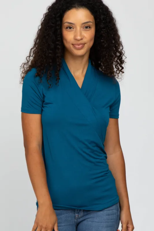 Teal Solid Short Sleeve Wrap FrontTop sold by Pinkblush