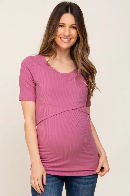 Mauve Ribbed Wrap Front Maternity/Nursing Top sold by Pinkblush