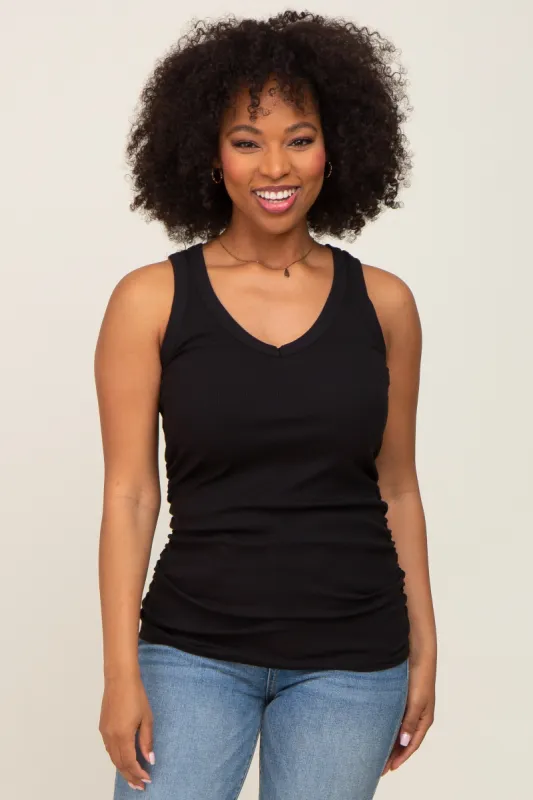 Black Ribbed Sleeveless Ruched Tank Top sold by Pinkblush