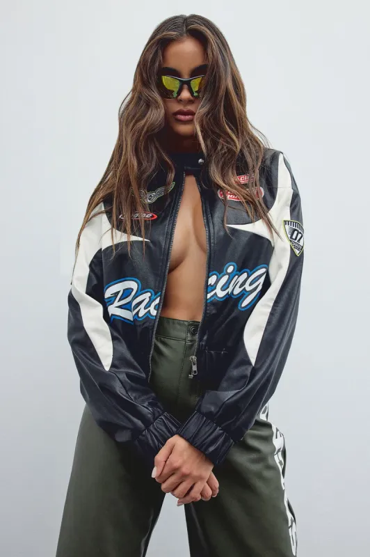 Racer Girl Bomber Jacket - Black/combo sold by Fashion Nova
