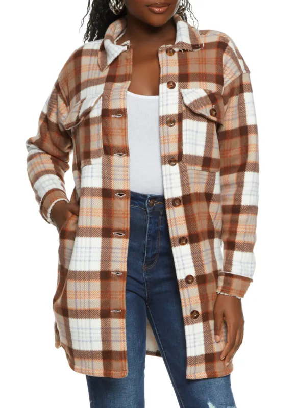 Plaid Brushed Knit Sherpa Lined Longline Shacket sold by Rainbow