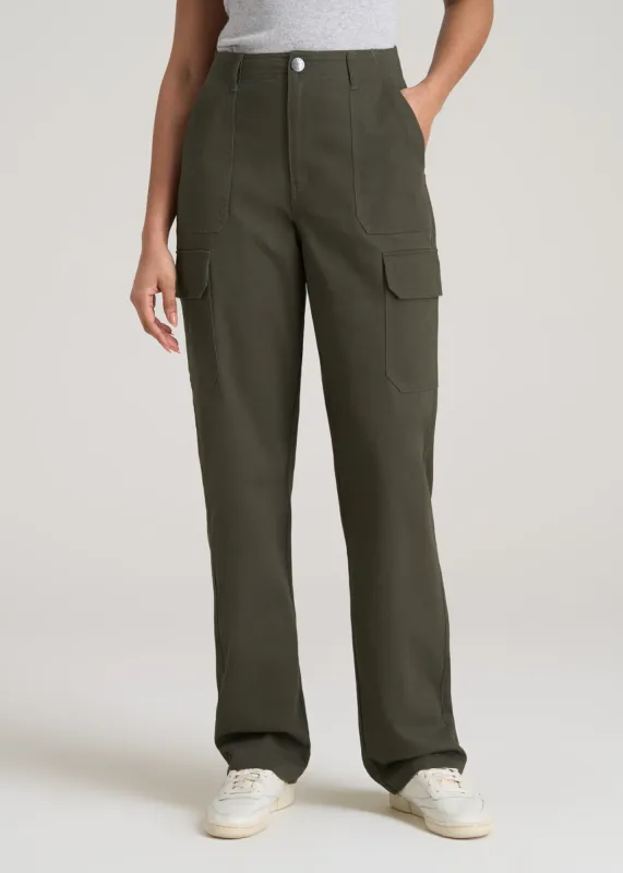 Straight Leg Cargo Chino Pants for Tall Women in Dark Moss Green sold by American Tall