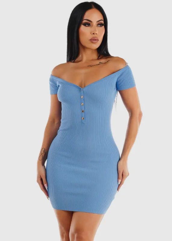 Short Sleeve Rib Knit Bodycon Mini Dress Light Blue sold by Moda