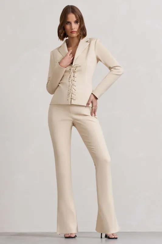 Brianca | Stone High-Waisted Split Wide-Leg Trousers sold by Club L London