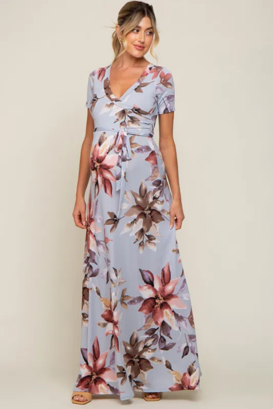 Light Blue Floral Maternity Wrap Dress sold by Pinkblush