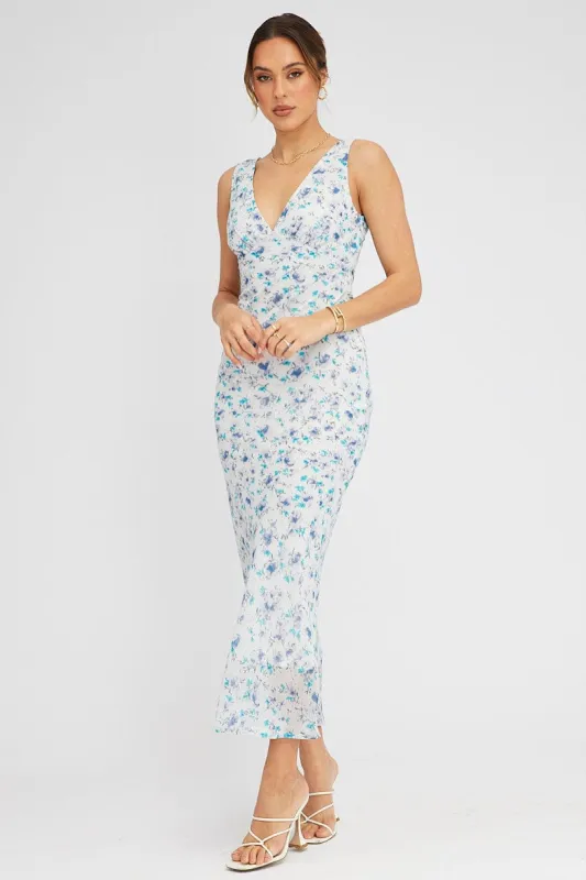 Blue Floral Midi Dress Bias Cutting sold by Ally Fashion