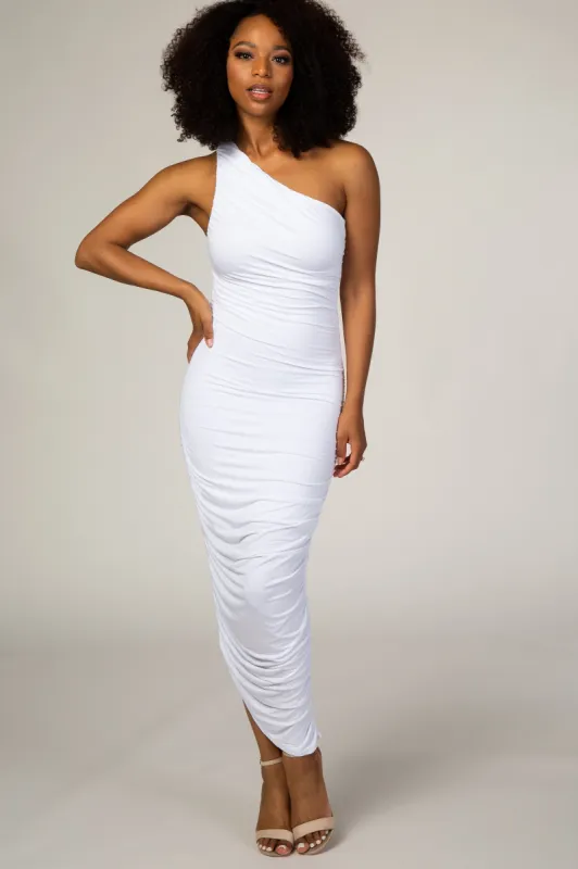 White Ruched One Shoulder Dress sold by Pinkblush