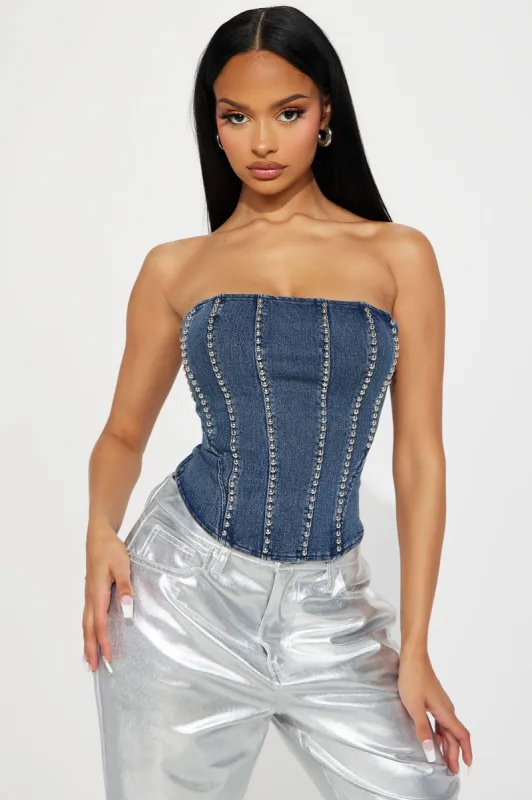 No Need For Talks Denim Corset Top - Medium Wash sold by Fashion Nova
