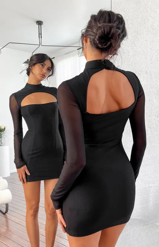 Aurora Black Mesh Long Sleeve Mini Dress sold by Beginning Boutique