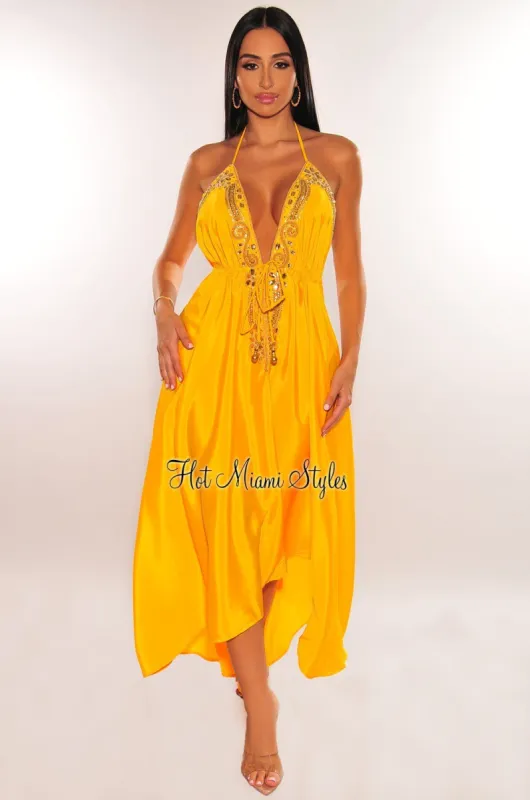 Yellow Halter Rhinestone Drawstring Asymmetrical Hem Maxi Dress sold by Hot Miami Styles