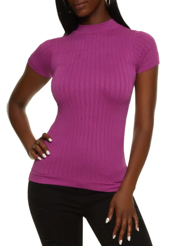 Seamless Cable Knit Mock Neck Short Sleeve Top sold by Rainbow