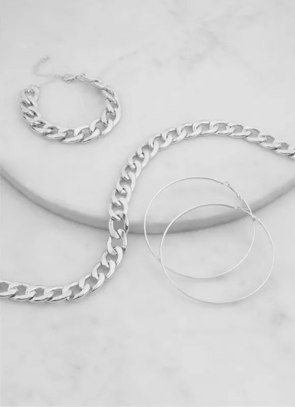 Metallic Curb Chain Necklace with Bracelet and Hoop Earrings sold by Rainbow