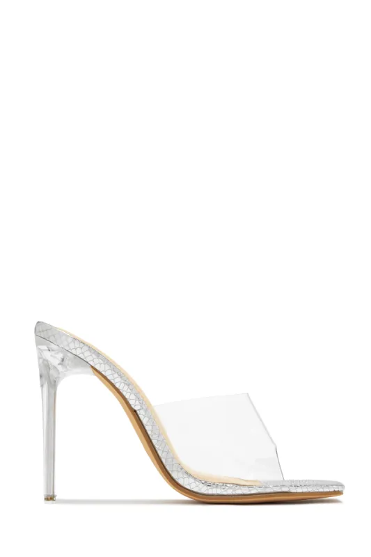 Amerie Clear High Heel Mules - Silver sold by Miss Lola