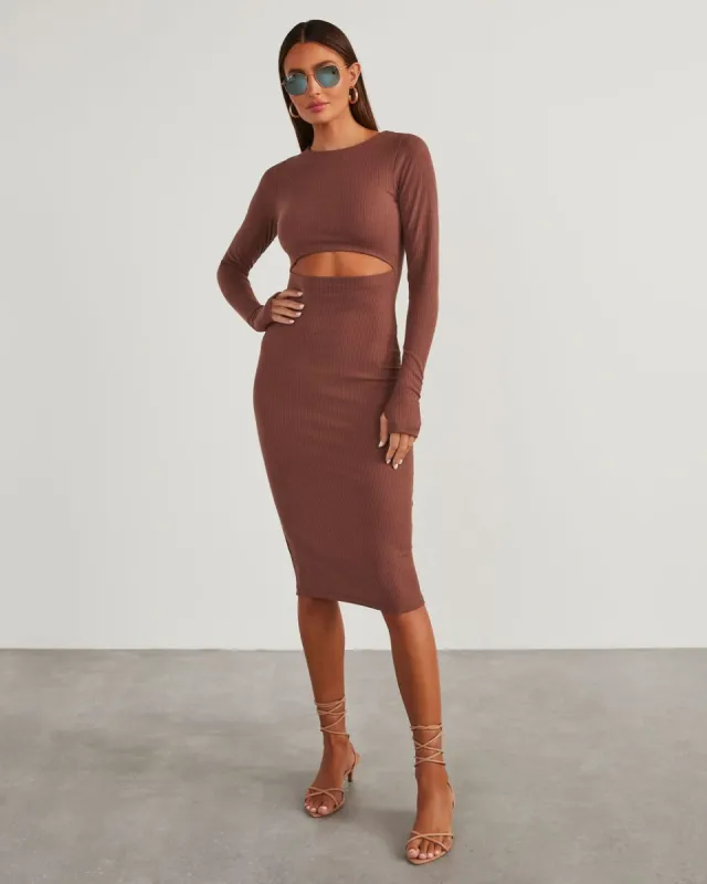 Body Language Ribbed Cutout Midi Dress - Brown sold by Vici