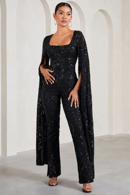 Cher | Black Sequin Lace Square-Neck Jumpsuit With Cape Sleeves sold by Club L London