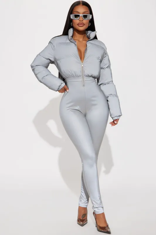 Hold Me Closer Reflective Jumpsuit - Silver sold by Fashion Nova