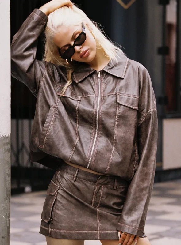Tanza Faux Leather Jacket Brown / Red sold by Princess Polly