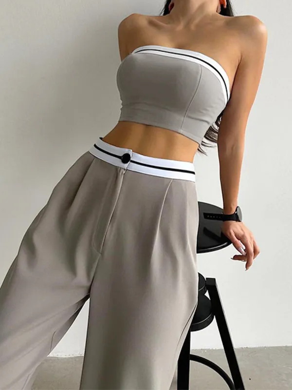 Tube Top Two Piece Contrast Waistband Pants Set sold by COMMENSE