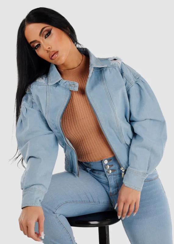 Distressed Zip Up Denim Bomber Jacket Light Blue sold by Moda