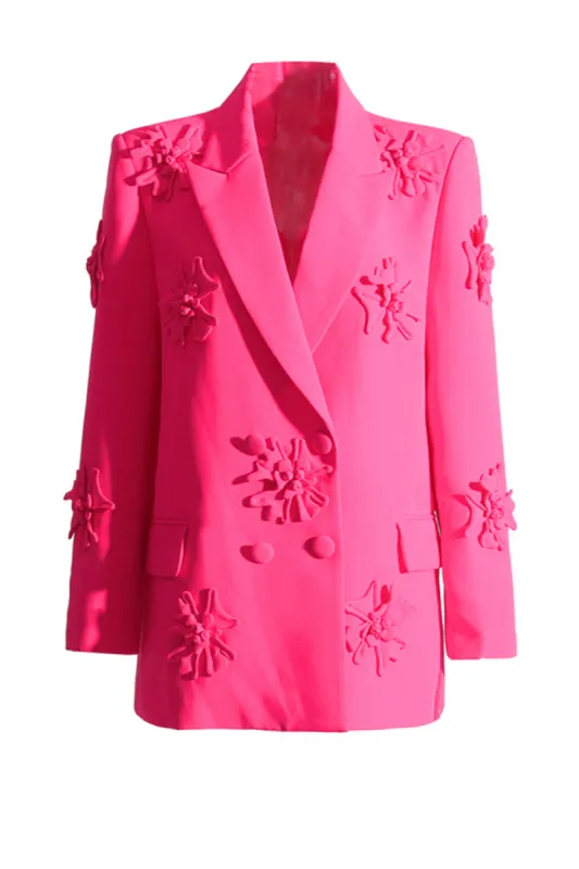 Fuchsia Double Breated Peak Lapel Women Blazer with Flowers sold by Zapaka