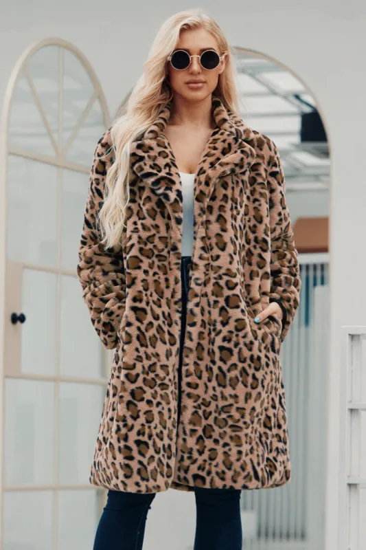 Brown Notched Lapel Leopard Printed Long Women Faux Fur Coat sold by Zapaka