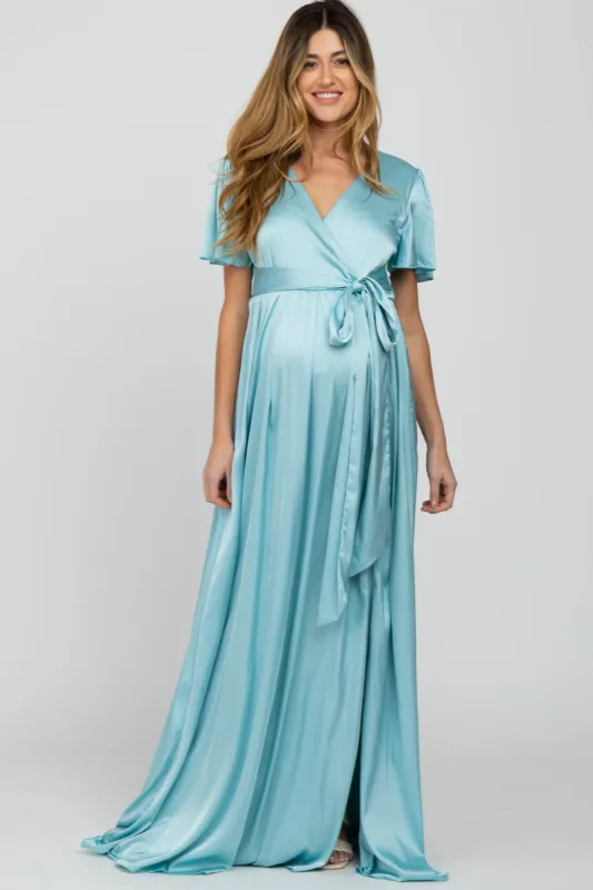 Light Blue Side Slit Satin Maternity Maxi Dress sold by Pinkblush