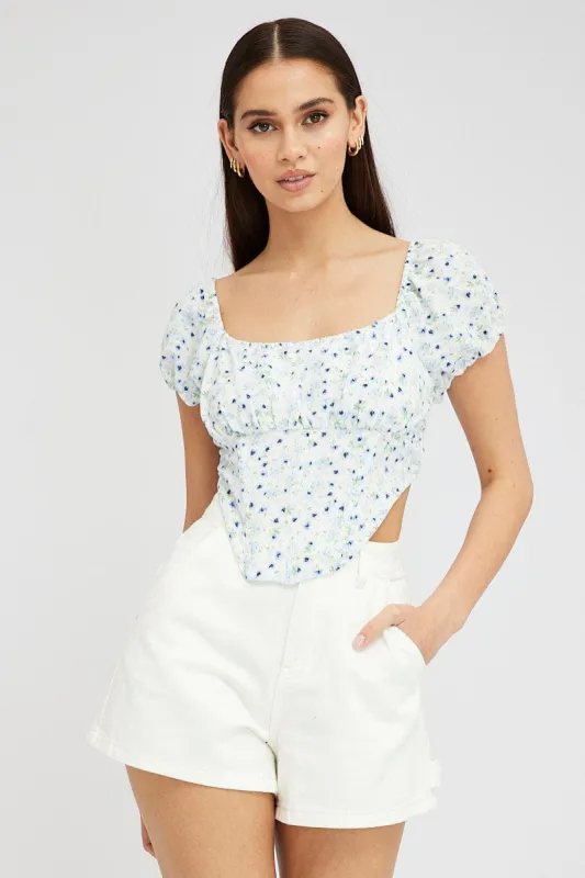 Blue Ditsy Crop Top Short Sleeve Square Neck sold by Ally Fashion