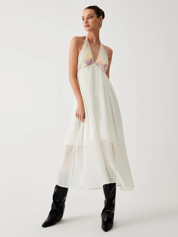 Sequin Halter Open Back Midi Dress sold by COMMENSE